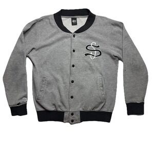 Y2K Stussy USA Varsity Jacket Snap Front S Logo Gray Black Distressed Medium VTG